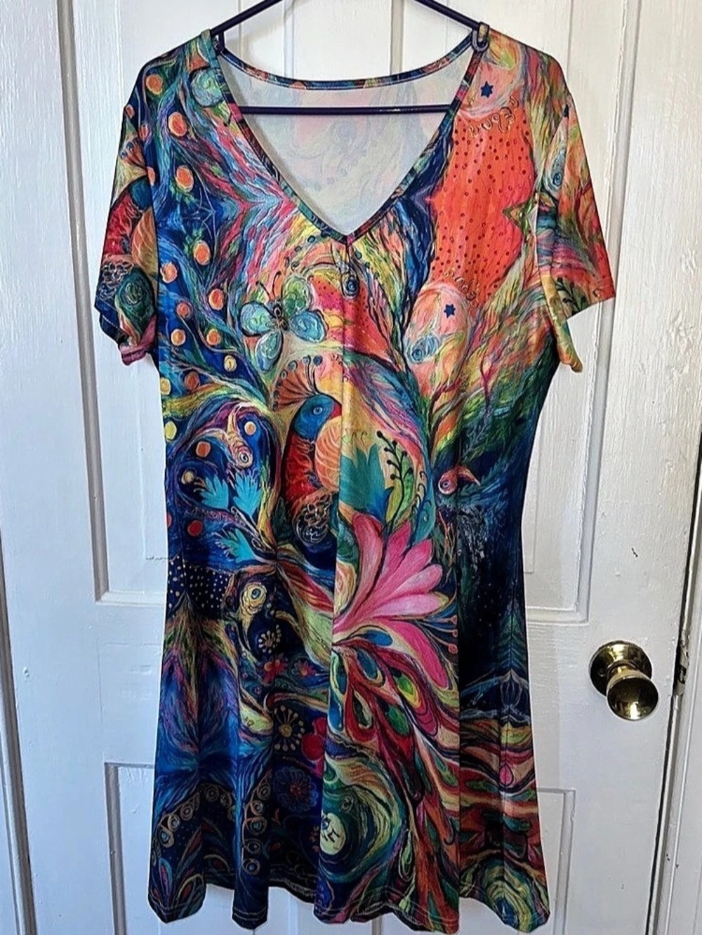Peacock Print V-Neck Mini Dress